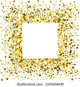 Square gold frame or border with glitter particles effect. Golden dust sparkling texture. Use for banner, greeting and Christmas card, postcard, wedding invitation. Vector illustration.