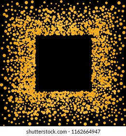 Square gold frame or border with glitter particles effect. Golden dust sparkling texture. Use for banner, greeting and Christmas card, postcard, wedding invitation. Vector illustration.