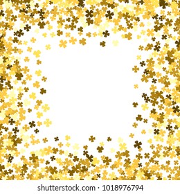 Square gold frame or border of random scatter clover leaves. Elegant St. Patricks day design for festive banner, greeting card, postcard, invitation, flyer, poster. Vector illustration.