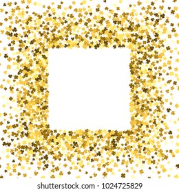 Square gold frame or border of random scatter clover leaves with tails. Elegant St. Patricks day design for festive banner, greeting card, postcard, invitation, flyer, poster. Vector illustration.