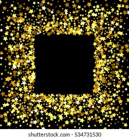 Square gold frame or border of random scatter golden stars on black background. Design element for festive banner, birthday and greeting card, postcard, wedding invitation. Vector illustration