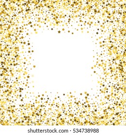 Square gold frame or border of random scatter golden stars on white background. Design element for festive banner, birthday and greeting card, postcard, wedding invitation. Vector illustration