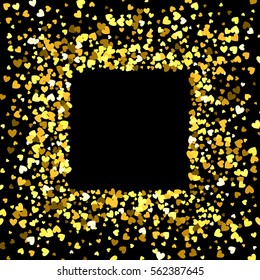 Square gold frame or border of random scatter hearts. Design element for festive banner, greeting card, postcard, wedding invitation, Valentines day and save the date card. Vector illustration.