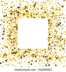 Square gold frame or border of random scatter hearts. Design element for festive banner, greeting card, postcard, wedding invitation, Valentines day and save the date card. Vector illustration.