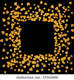 Square gold frame or border of random scatter hearts. Design element for festive banner, greeting card, postcard, wedding invitation, Valentines day and save the date card. Vector illustration.