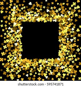 Square gold frame or border of random scatter clover leaves. Elegant St. Patricks day design for festive banner, greeting card, postcard, invitation, flyer, poster. Vector illustration.
