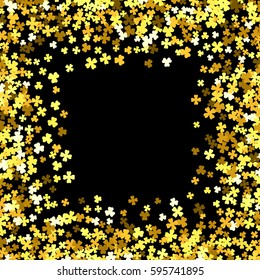 Square gold frame or border of random scatter clover leaves. Elegant St. Patricks day design for festive banner, greeting card, postcard, invitation, flyer, poster. Vector illustration.