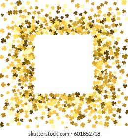 Square gold frame or border of random scatter clover leaves with tails. Elegant St. Patricks day design for festive banner, greeting card, postcard, invitation, flyer, poster. Vector illustration.