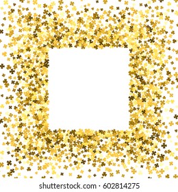 Square gold frame or border of random scatter clover leaves. Elegant St. Patricks day design for festive banner, greeting card, postcard, invitation, flyer, poster. Vector illustration.