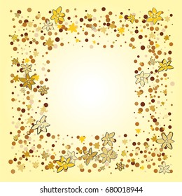 Square gold frame or border of random scatter golden dots and flowers bright background. Floral metallic confetti border. Design element for festive banner, greeting card, wedding invitation.