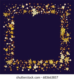 Square gold frame or border of random scatter golden dots and flowers on navy blue background. Floral confetti border. Design element for festive banner, birthday and greeting card, wedding invitation