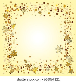 Square gold frame or border of random scatter golden dots and flowers bright background. Floral metallic confetti border. Design element for festive banner, greeting card, wedding invitation.