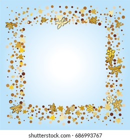 Square gold frame or border of random scatter golden dots and flowers bright background. Floral metallic confetti border. Design element for festive banner, greeting card, wedding invitation.