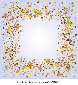 Square gold frame or border of random scatter golden dots and flowers bright background. Floral metallic confetti border. Design element for banner, birthday and greeting card, wedding invitation.