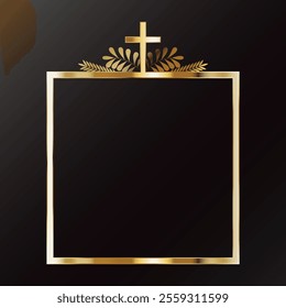 Square gold frame with Christian cross and plant leaves