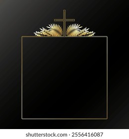 Square gold frame with cross and plant leaves