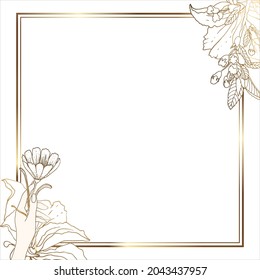 Square gold frame with flowers. Refined leaves and flowers on a white background. Hand holds a flower. Minimalism of shapes in a square frame and abstraction.Vector illustration.
