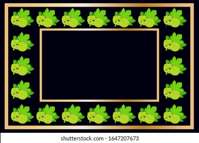 Square gold frame gooseberry tea, wine or alcohol  label package template design. Gooseberry fruit tag for food products, juice, jam, ice cream, smoothies, yogurt, soap, cosmetics and drinks. Vector