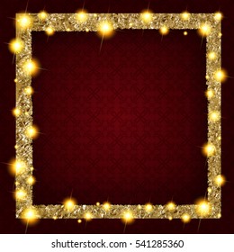 square gold frame with lights on a dark background. Vector illustration