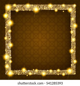 square gold frame with lights on a dark background. Vector illustration