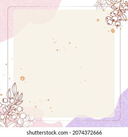 Square gold frame made of gold flowers and branches on a white background. Minimalism of forms in a square frame and abstraction. Leaves with plant flowers. Vector illustration.
