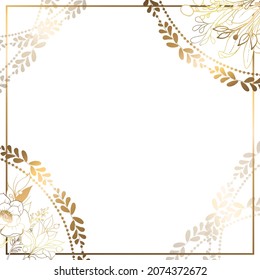 Square gold frame made of gold flowers, circular ornament and branches on a white background. Minimalism of forms in a square frame and abstraction. Leaves with plant flowers. Vector illustration.