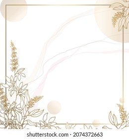 A square gold frame made of golden small flowers and branches on a white background. Minimalism of forms in a square frame and abstraction. Leaves with plant flowers. Vector illustration.