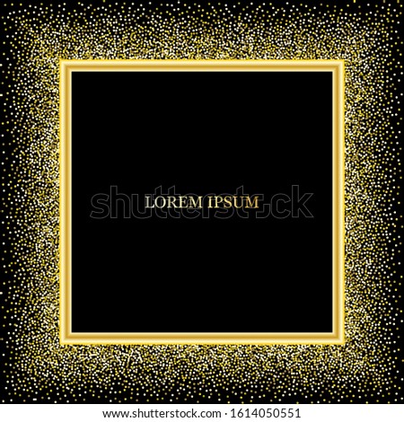 Square gold frame on black background. Gold glitter.