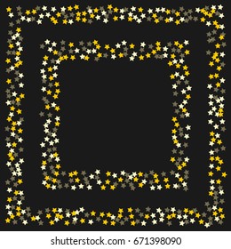 Square gold frame of random scatter golden stars on a black background. Element of design for a holiday banner, birthday and greeting card, cards, invitations to the wedding. Vector illustration