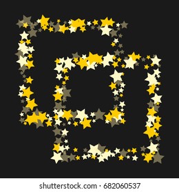 Square gold frame of random scatter golden stars on a black background. Element of design for a holiday banner, birthday and greeting card, cards, invitations to the wedding. Vector illustration