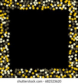 Square gold frame of random scatter golden stars on a black background. Element of design for a holiday banner, birthday and greeting card, cards, invitations to the wedding. Vector illustration