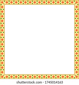  Square gold frame with red and green gemstones.                              