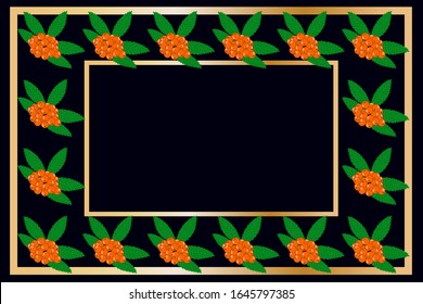 Square gold frame rowan tea, wine or alcohol  label package template design. Rowan fruit tag for food products, juice, jam, ice cream, smoothies, yogurt, soap, cosmetics and drinks. Stock vector