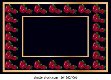 Square gold frame strawberry tea, wine or alcohol  label package template design. Strawberry fruit tag for food products, juice, jam, ice cream, smoothies, yogurt, soap, cosmetics and drinks. Vector