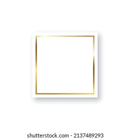 Square with gold frame vector illustration. Elegant decor object with shine border and shadow, realistic design with glitter light effect isolated on white background
