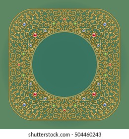 Square gold frame. Vignette with curls and jewels. Curly branches on green background. Buckle or forged grille.