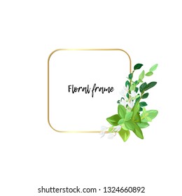 Square gold frame with white flowers, eucalyptus leaves and succulent plants. Modern minimalistic vector design.