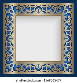 Square gold photo frame with cutout paper border pattern, Template for laser cutting. Vector lace decoration for invitation card design with place for text