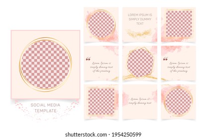 Square gold pink social media posts templates set with place for photo. Abstract backgrounds in minimal style with pastel pink brush strokes for mobile apps, sale web banners
