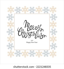 A square gold and silver snowflakes frame with winter holiday greetings letter in middle on a white background. Vector Illustration