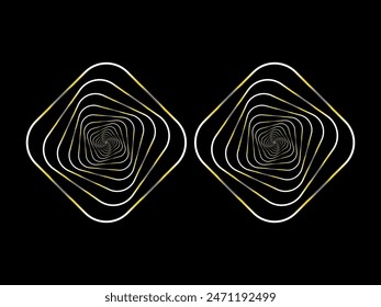 Square gold spiral, gold and white lines, vector illustration on black background.