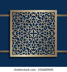 Square gold tile with cutout swirls pattern, floral lace texture, vector stencil ornament, elegant template for laser cutting