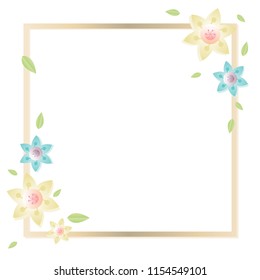 Square golden border frame decorated with flowers and leaves. Vector illustration. Ideal for invitation, wedding, cards, greeting, birthday.