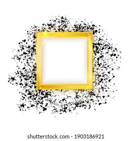 Square golden frame with ink splash and lights effect on white background. Shining banner with stars and glitter. Vector template