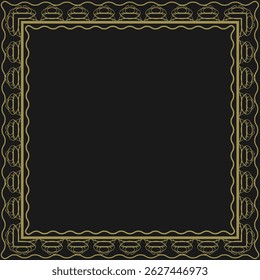 Square golden frame with lacy vintage ornament. Black background. Vector illustration