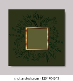 square golden frame and leafs wreath