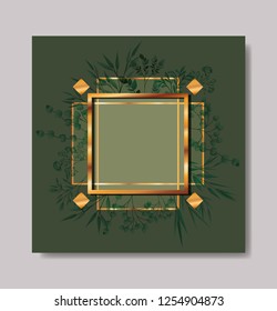 square golden frame and leafs wreath