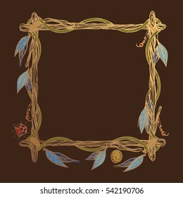 Square golden frame made of branches with feathers and leaves. Decorative element for design work in the boho style. Border on a dark background.