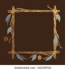Square golden frame made of branches with feathers and leaves. Decorative element for design work in the boho style. Border on a dark background.
