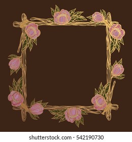 Square golden frame made of branches with lush flowers. Decorative element for design work in the boho style. Border on a dark background.